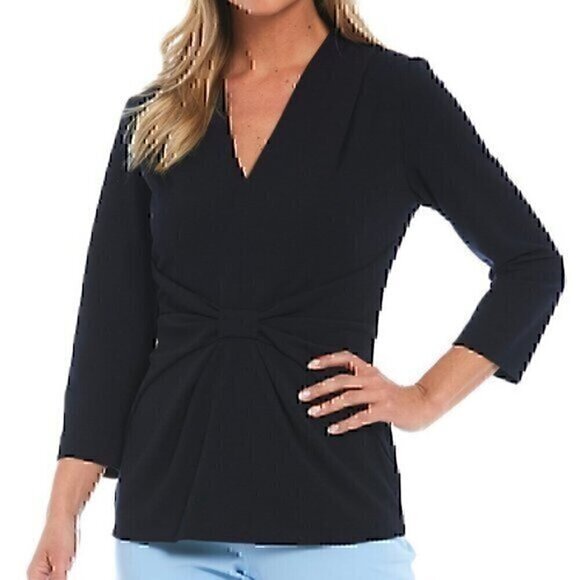NEW NWT PRESTON YORK Solid Navy Blue Bow 3/4 Sleeve Polyester Blouse Top Small - Picture 1 of 9